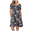 Women Summer Short Sleeve Flower Printed Pockets Sundress Casual Swing Dress