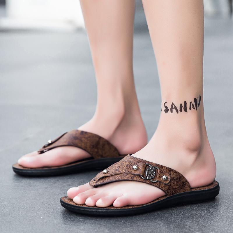 High Quality Men 2024New Casual Leather Sandals Outdoor Antiskid Beach Shoes Men's Trend Summer Wear Slippers Fashion Flip Flops