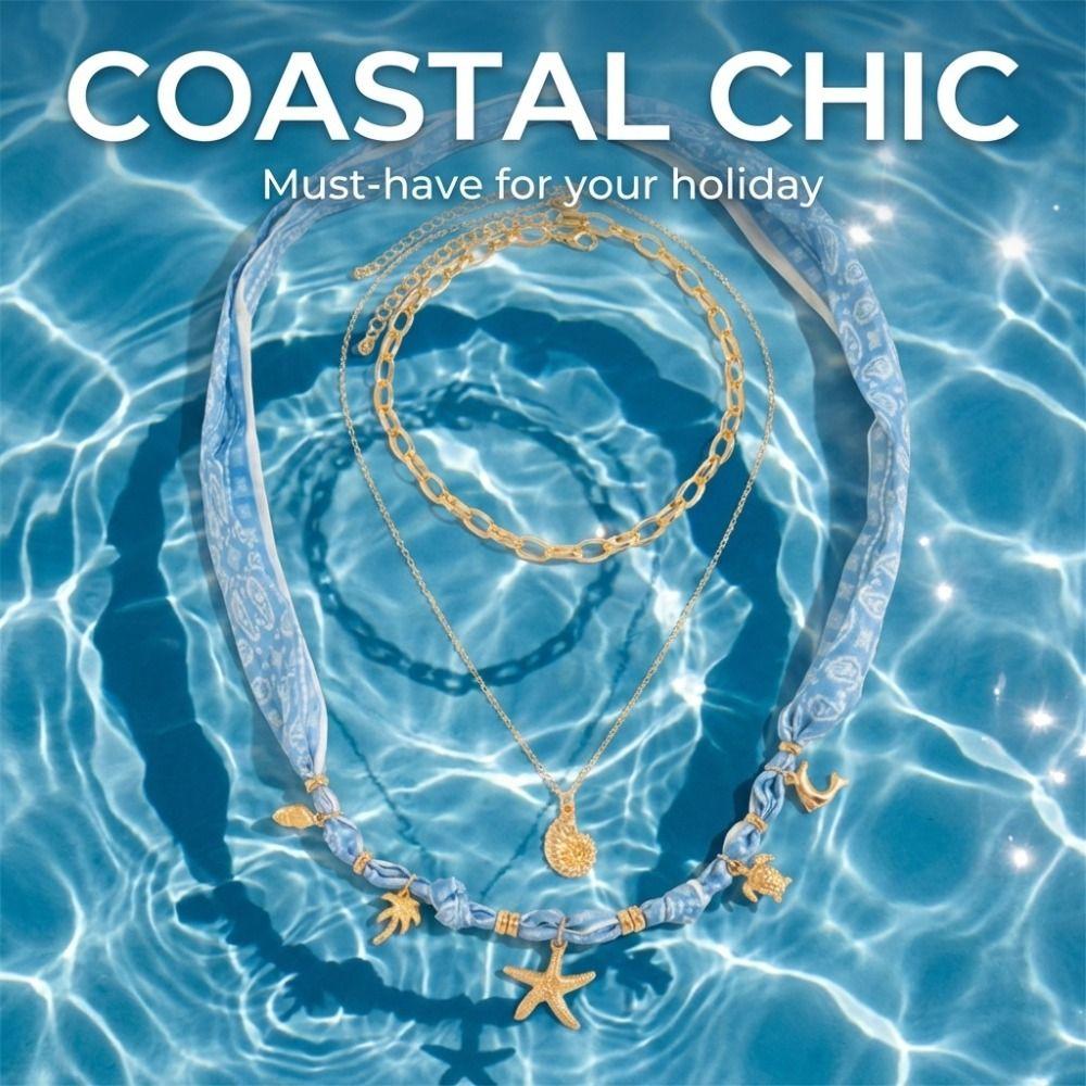 Leopard Print Conch Starfish Necklace Seashell Beads Chain Choker Scarf Necklace Gold Jewelry