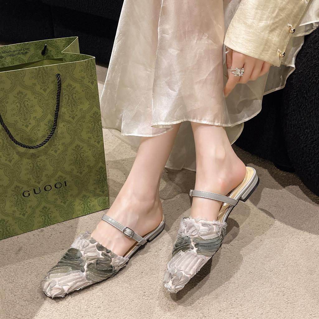 2024 Лето Новые Фея Ветер Нежные Кружева Квадратная Голова Модные Темпераментные Баотоу Плоские Женские Тапочки