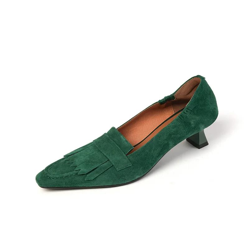 Мода 2025 Весна/Осень Обувь из овчины для женщин Удобные Ретро Женские туфли-лодочки Квадратный носок Каблуки Женская обувь Zapatos De Mujer С кисточками