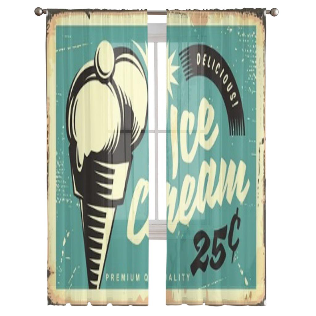 Ретро реклама с двумя шифоновыми прозрачными шторами с мороженым для гостиной, спальни, оконная занавеска, вуаль, тюль Cortinas