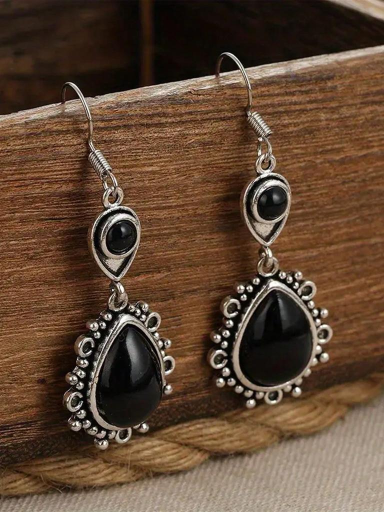 1pair Vintage Black Drop Dangle Earrings,Black Synthetic Gemstone Geometric Triangle Hollow Out Design Boho Jewelry Accessories for Women Daily Wear