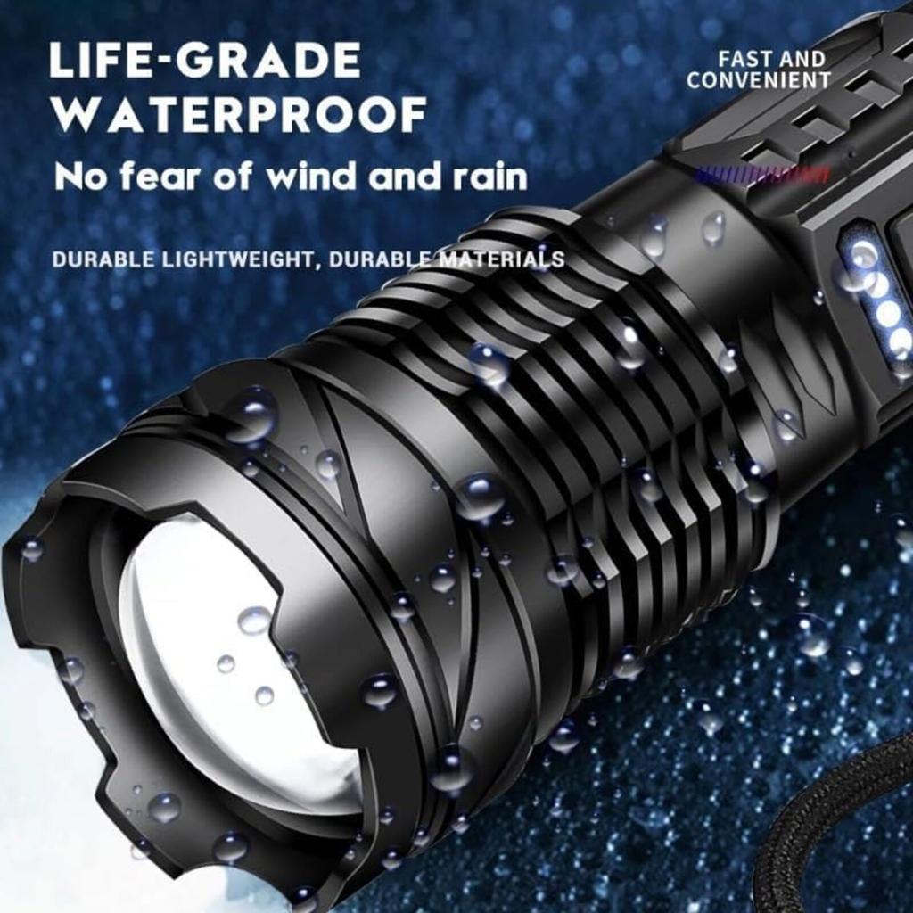 White Telescopic Zoom Strong Light Flashlight For Home And Outdoor Long-range Red And Blue Side Lights LED Flashlight