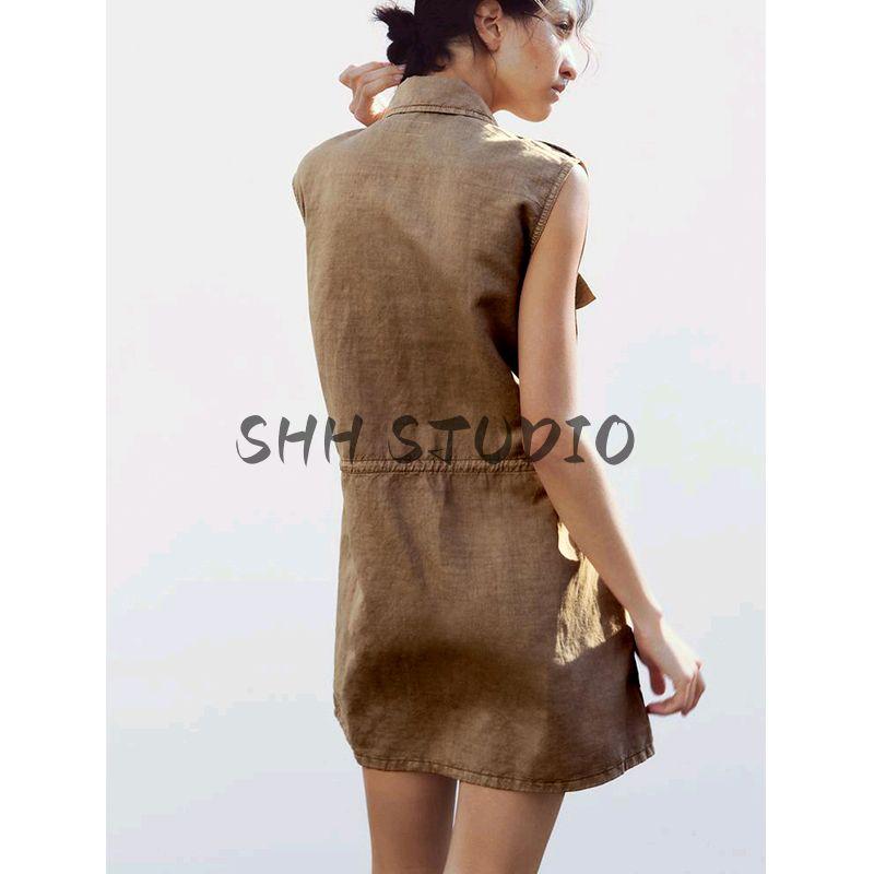 Spring and Summer New Women's Clothing Minimalist Style Single-Breasted Pocket with Sleeveless Lapel Short Dress 8197085
