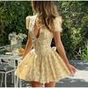 Print Deep V-neck Short Puff Sleeve Pleated Female Mini Dresses Summer Beach Party Lady Robe