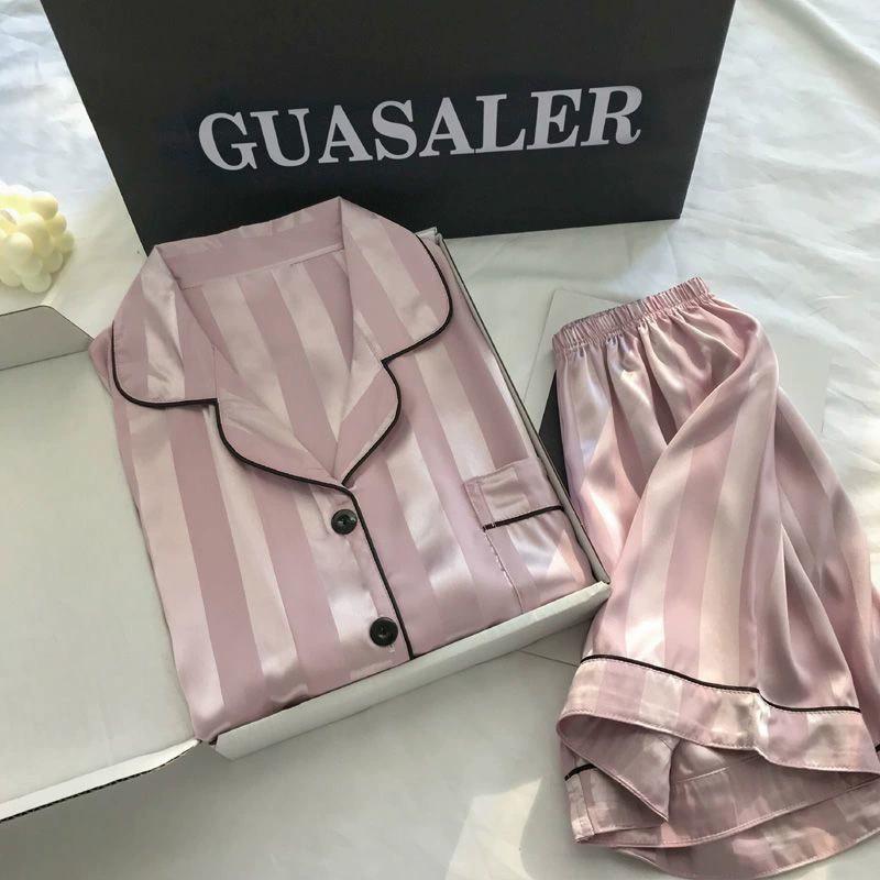 Spring and Summer Striped Simulation Silk Ice Silk Pajamas Women's Korean Jacquard Home Service Two-piece Suit