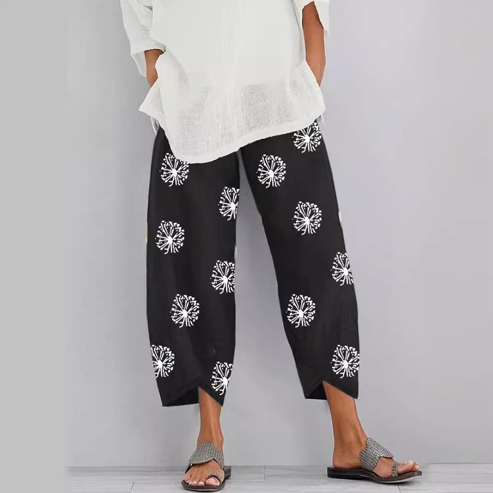 GMXIA Женские модные свободные брюки с принтом одуванчика и эластичным поясом