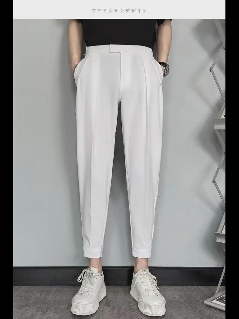 Мужские облегающие повседневные брюки Nine-Point Skinny белого цвета с эластичной резинкой