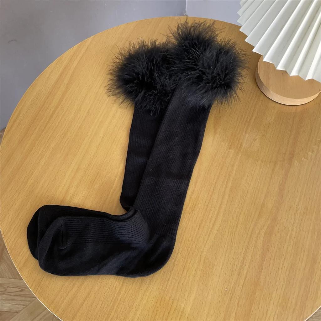 Носки с оборками и перьями, чулки для женщин, JK Girls, однотонные, черные, белые, длинные, женские чулки, Лолита, кавайные, милые, гольфы