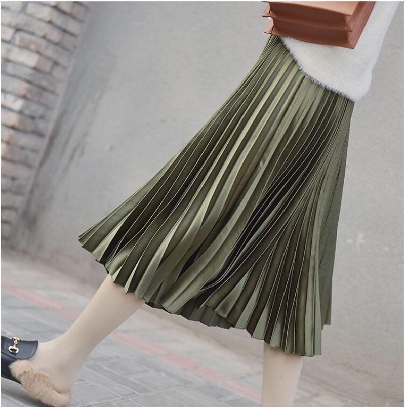 Women 11 Colors Satin Pleated Midi Skirt Elegant Elastic Waist Solid Color A-line Skirt