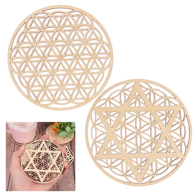 1Pc Creative Chakra Pattern Coaster Wood Flower Of Life Natural Symbol Round