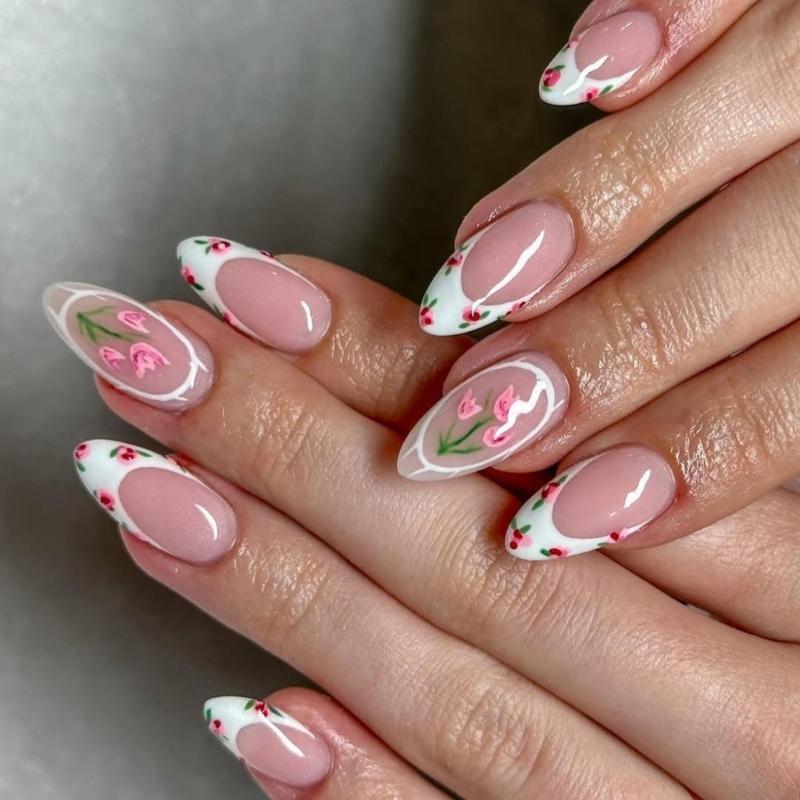 24 Pcs Almond Shape Press On Nail French Tip Acrylic False Nail Glossy Artificial Nail Flowers Stick On Nail for Party