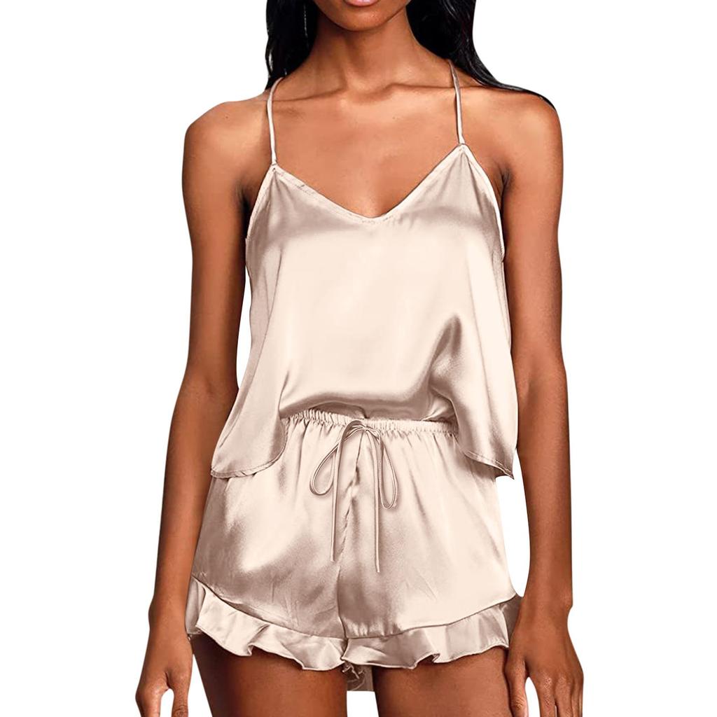 Пижама для женщин комплект из атласа 2 предмета шелковый топ и шорты повседневная мода с оборками мягкая одежда для сна