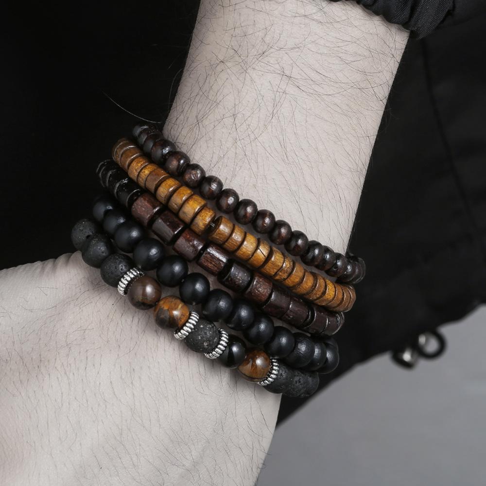 Многослойный набор браслетов, Ретро мужской браслет из африканской бирюзы и деревянных бусин.