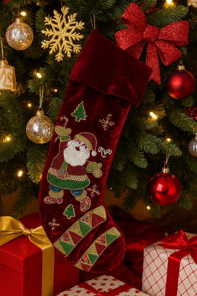 Handmade Beaded Santa Christmas Red Stocking – 21” Large Velvet Holiday Decor Fireplace Stocking Santa Claus Christmas Decoration & Gift Bag