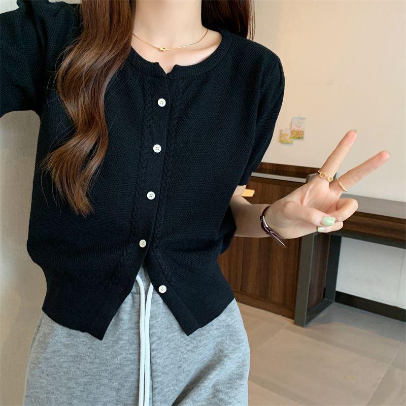 Трикотажный женский летний кардиган в французском стиле, в стиле ретро, с круглым вырезом и короткими рукавами