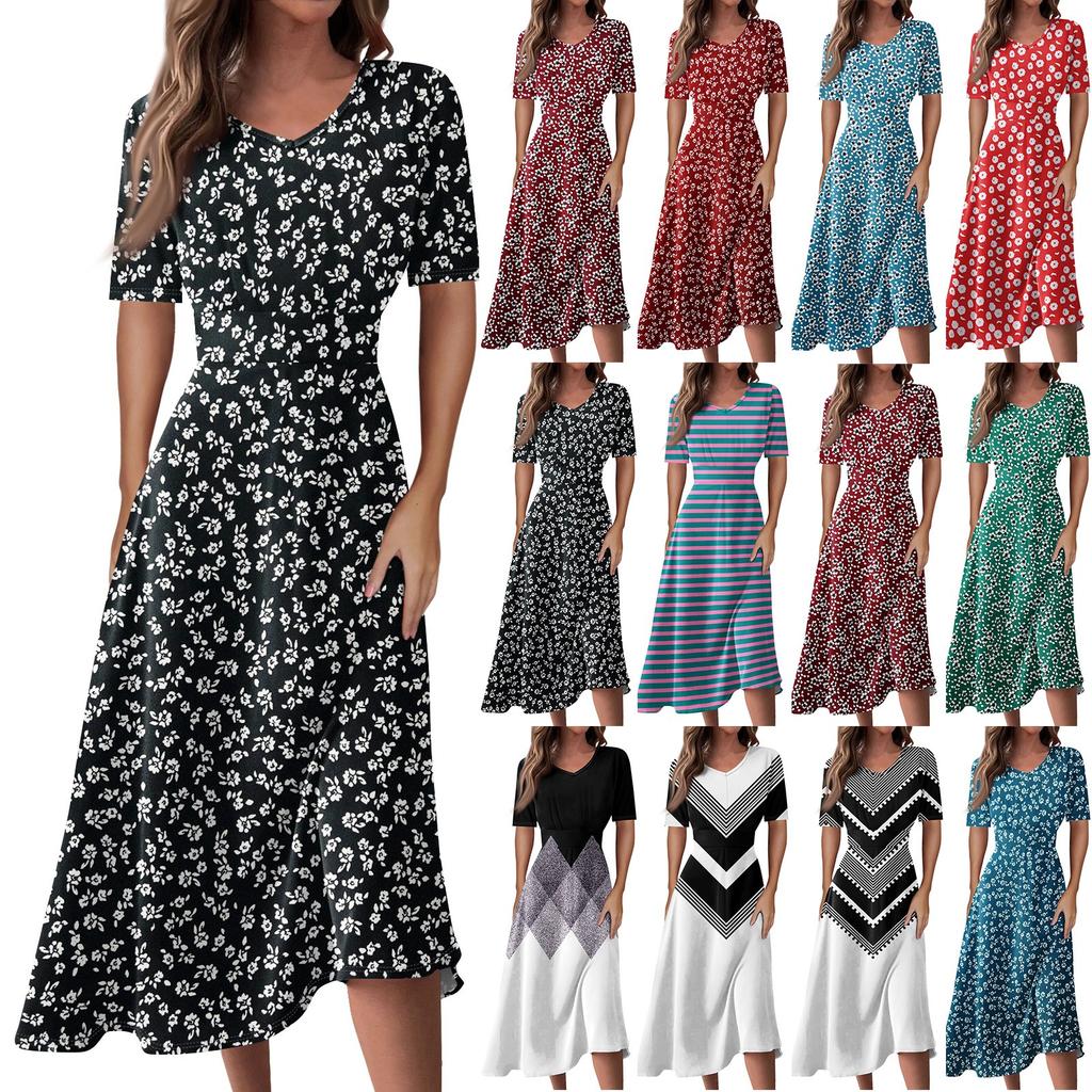 Women's  Casual Printing Summer Dress Short Sleeve Sundress Tank Dresses Beach Dress