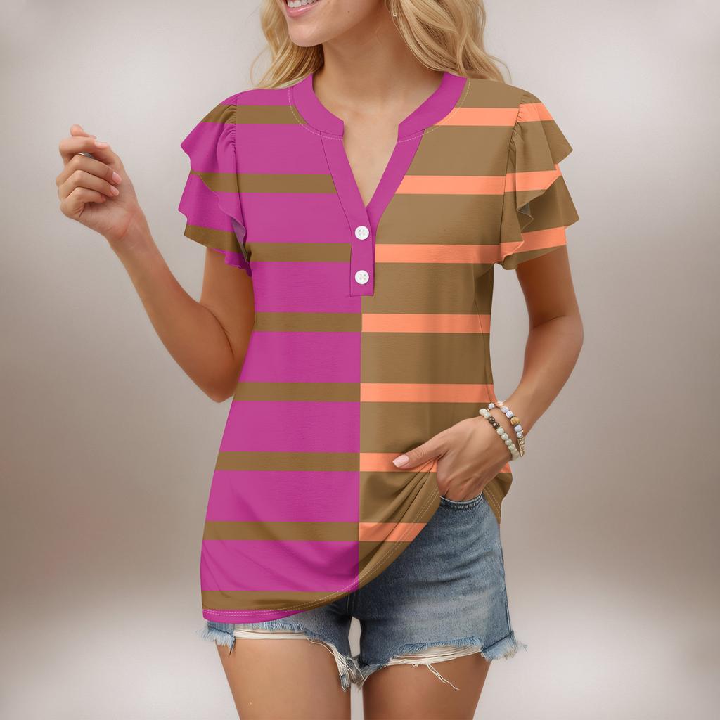 Женский повседневный топ с короткими рукавами и V-образным вырезом, с оборками и градиентом