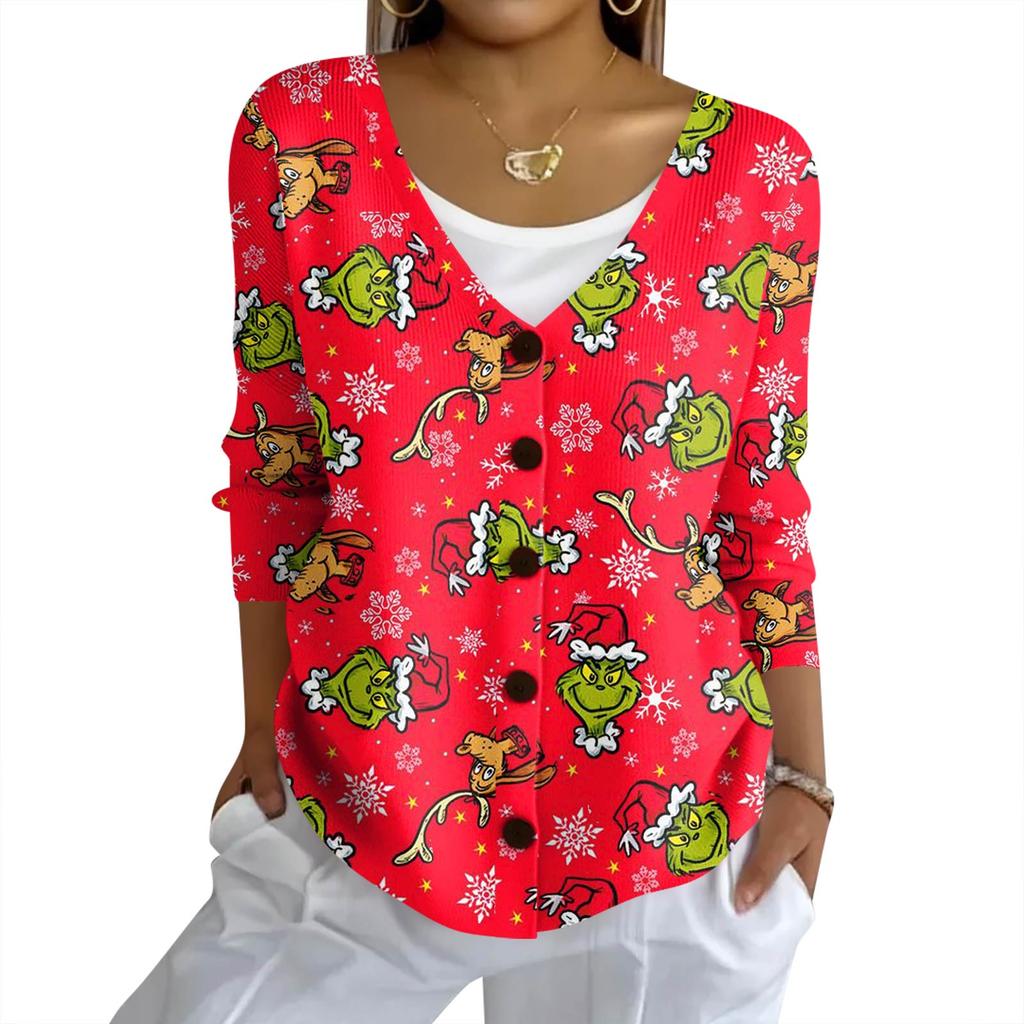 Women's Fashion Casual Knit Sweater Button-Up Christmas Print Cardigan Jacket