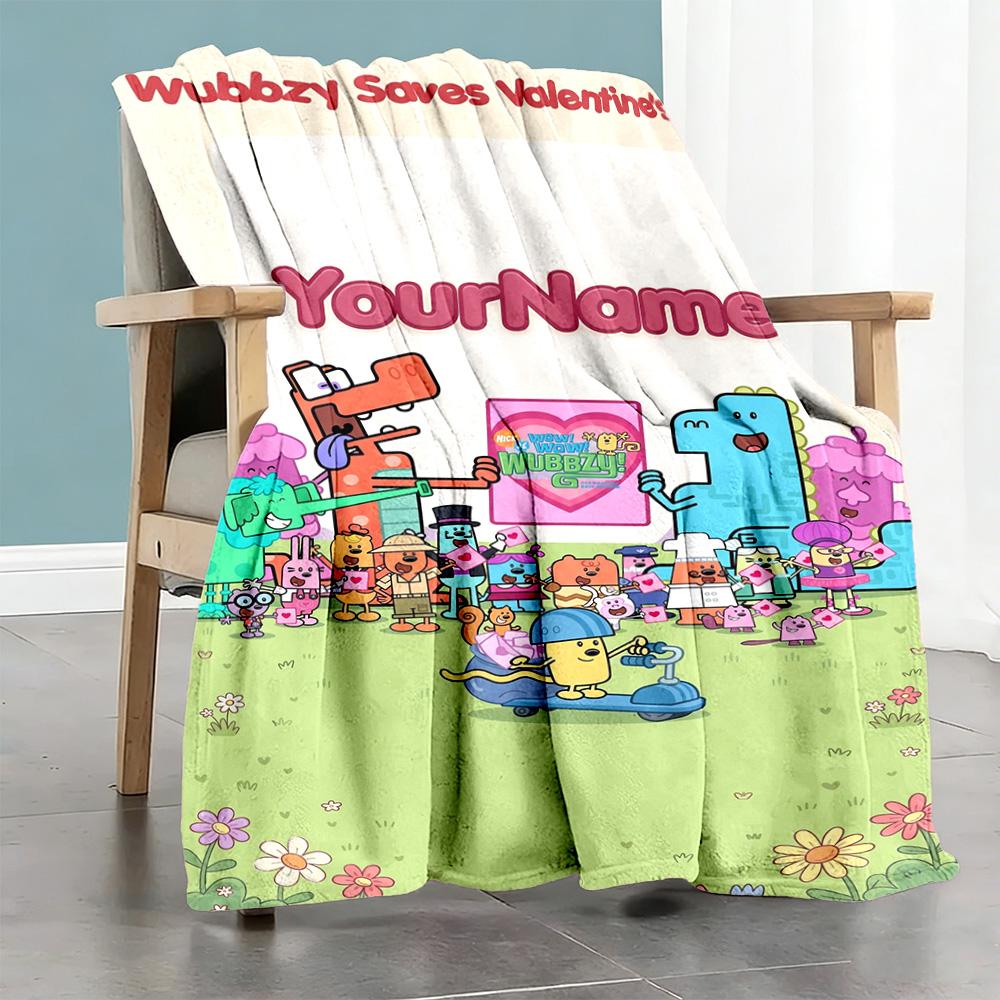 Wow! Wow! Wubbzy Personalized Text Blanket Cozy Customizable Blanket Ultra-Soft Throw For Picnics Seaside Livingroom Couch for All Occasions