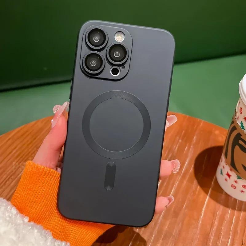 Роскошный магнитный беспроводной зарядный матовый чехол для iPhone 16 15 14 Plus 13 12 11 Pro Max для Magsafe Camera Lens Protector Cover