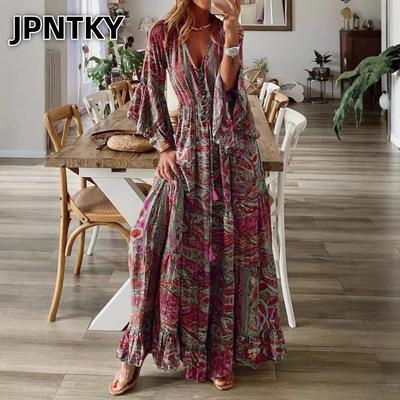 JPNTKY Модные осенне-зимние повседневные платья с длинным рукавом и V-образным вырезом