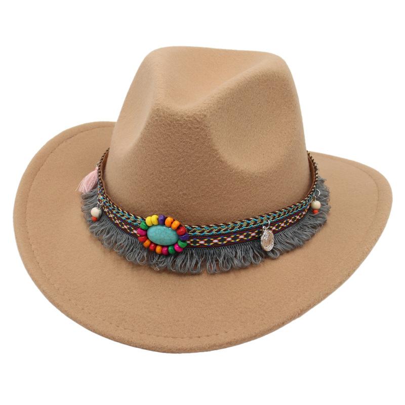 Ethnic bowler hat tassel western cowboy hat jazz hat turquoise felt hat outdoor literary sun hat
