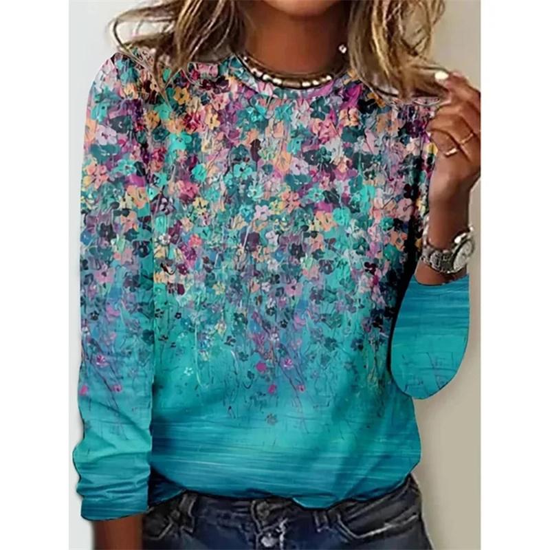 Spring and Autumn Round Neck Colorful Flower Pattern 3D Printed Top Fashionable Casual Long Sleeved Women's T-shirts