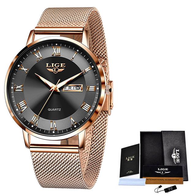 LIGE Womens Watches Ultra thin Quartz Watch For Women Luxury Bracelet Wristwatch Ladies Date Week Clock Watch Relogios Feminino