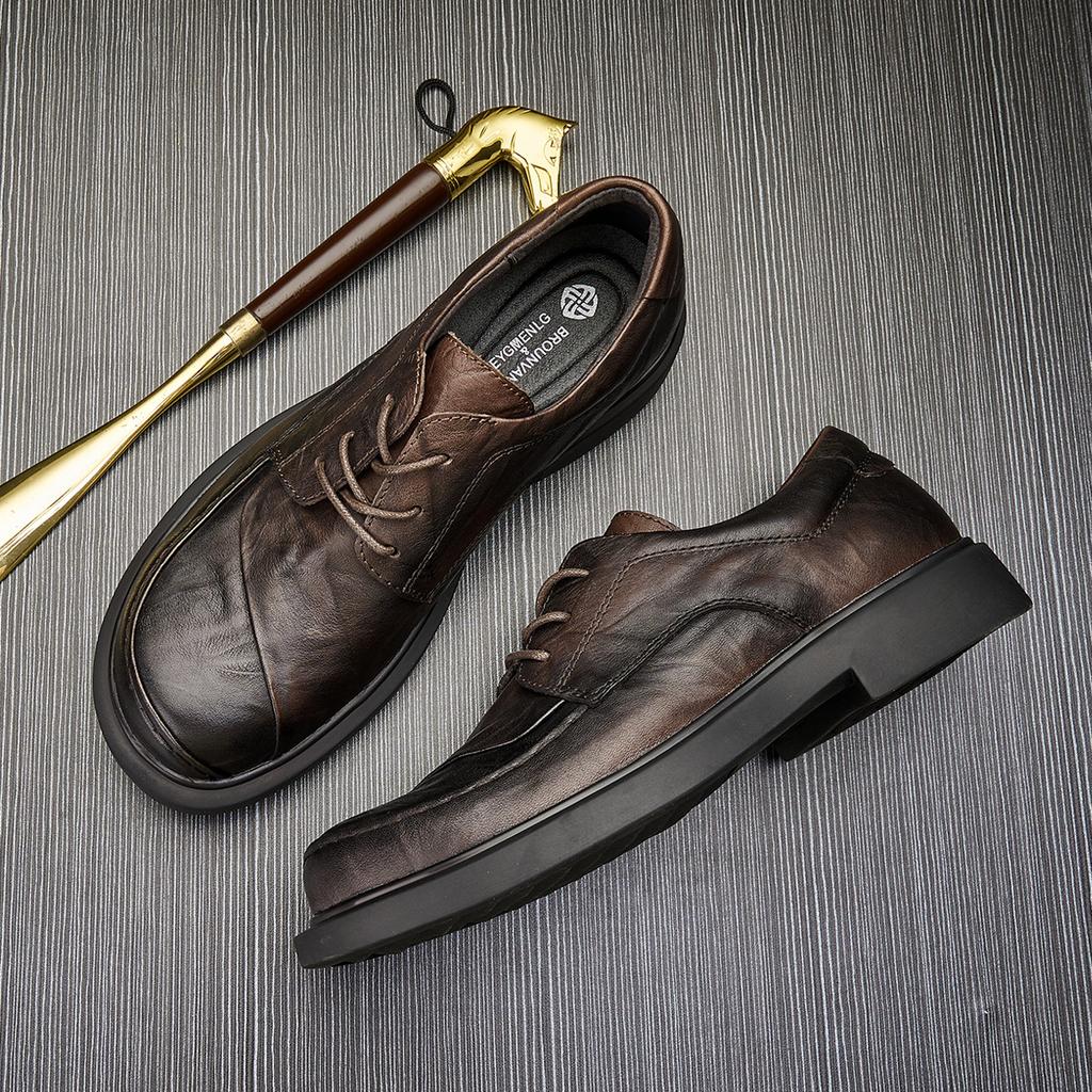 Повседневные небольшие кожаные туфли мужские деловые туфли из натуральной кожи с одной педалью зеленые повседневные модные туфли с круглым носком