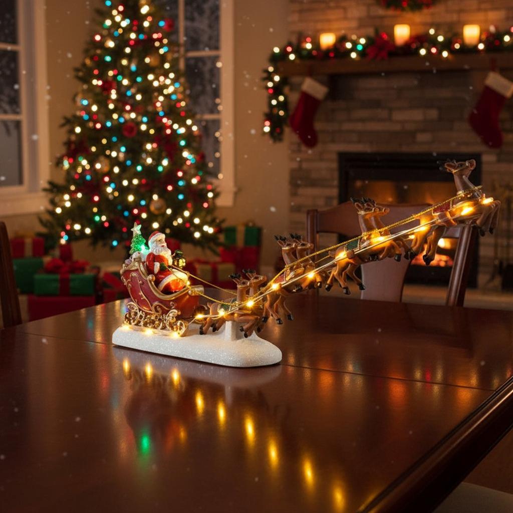 Рождественские сани Санта-Клауса с фигуркой оленя, светодиодная подсветка, украшение для домика в праздничной деревне, рождественское украшение для дома, настольное украшение, подарок