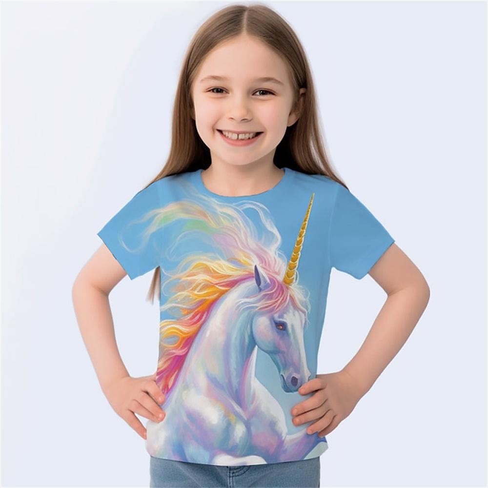 2025 Футболка с принтом животных и лошадей 3D для девочек, милые футболки для девочек, детская подарочная футболка с коротким рукавом, повседневный топ, детская одежда