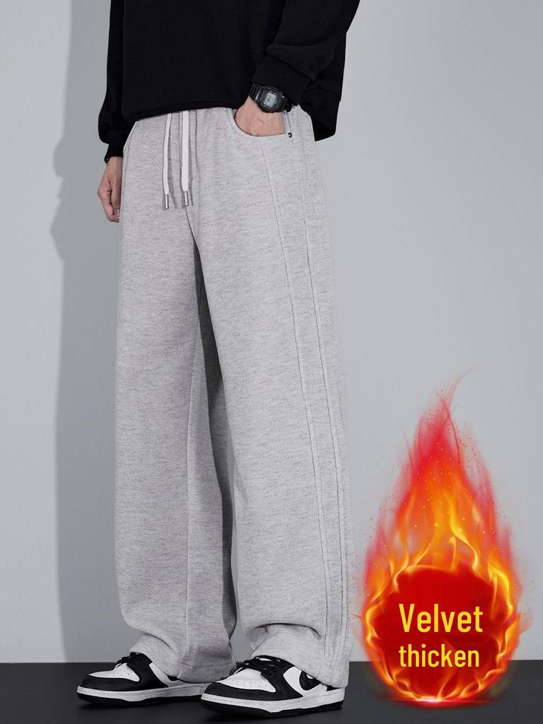 Мужские модные спортивные брюки свободного кроя на флисовой подкладке - осенне-зимние, прямого кроя, в стиле "папа"