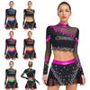 Women Cheerleading Set Long Sleeve Sparkle Crop Top Dance Skirt Rhinestone Performance Costume for Competition