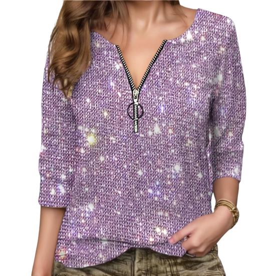 Женская рубашка с круглым вырезом на молнии с полузастежкой и длинным рукавом, пуловер, топы, сверкающие