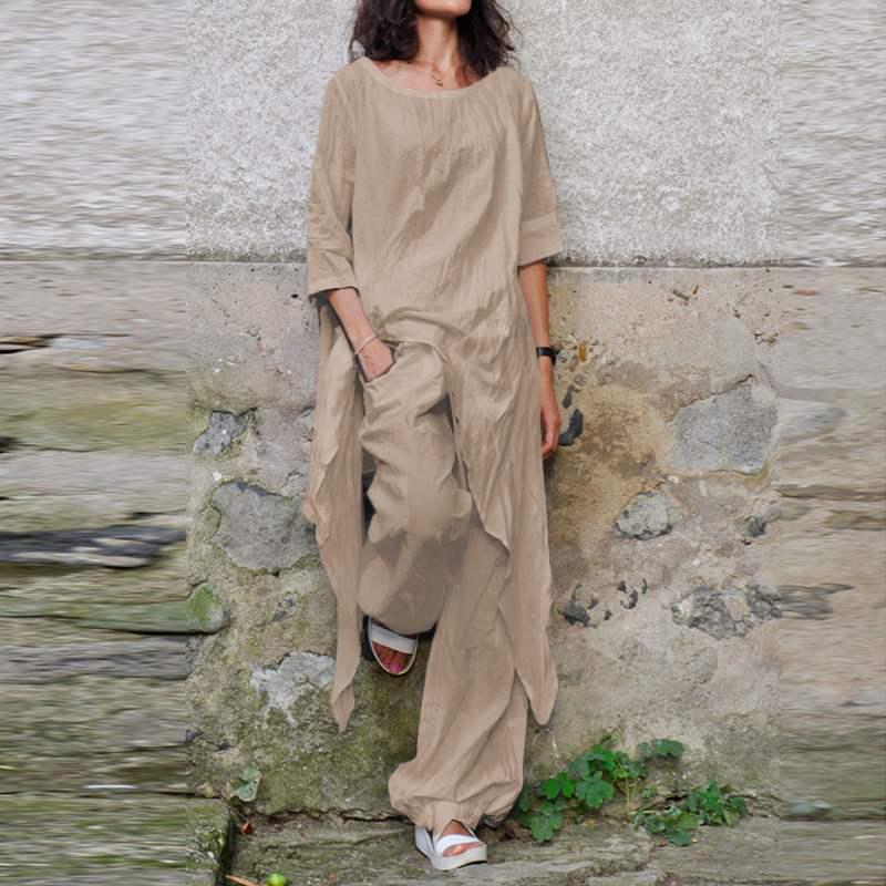 2024 Spring/Summer Casual Loose Irregular Hem Round Neck 3/4 Sleeve Cotton-Linen Suit Shirt