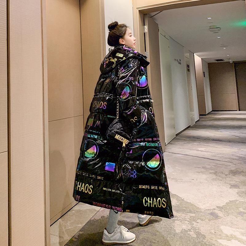 Autumn And Winter Black Bright Face Down Cotton Coat Women's Mid Length Thick Cotton Coat Over Knee