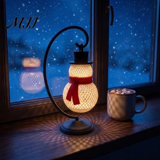 Unique Holiday Gift for Kids Christmas Snowman Lantern, 3D Printed Tabletop Lamp, LED Decorative Figurine with Stand Bedside Nightstand Lamp