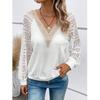 Autumn Women's Long Sleeved V-neck Patchwork Hollow Lace Perspective Casual T-Shirts Women’s