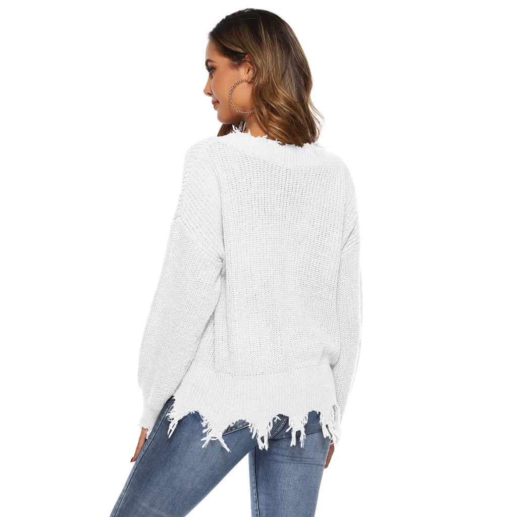 Осенне-зимний женский свободный свитер с V-образным вырезом и нерегулярной бахромой