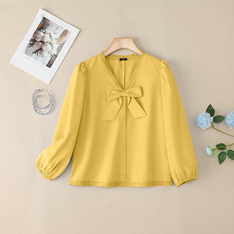 VONDA Women Puff Long Sleeve Lace Hem Bow Knot Casual Blouse Tops