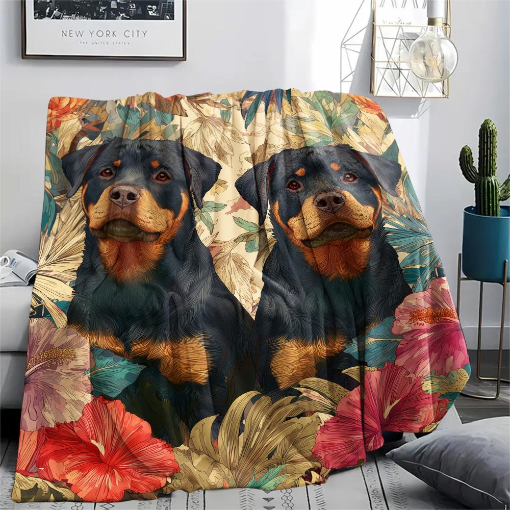 Rottweiler and Leaves,pattern Flannel Blanket, High quality Comfortable for All Seasons, Home Decor, Warmth and Comfort, Perfect for Gifts.