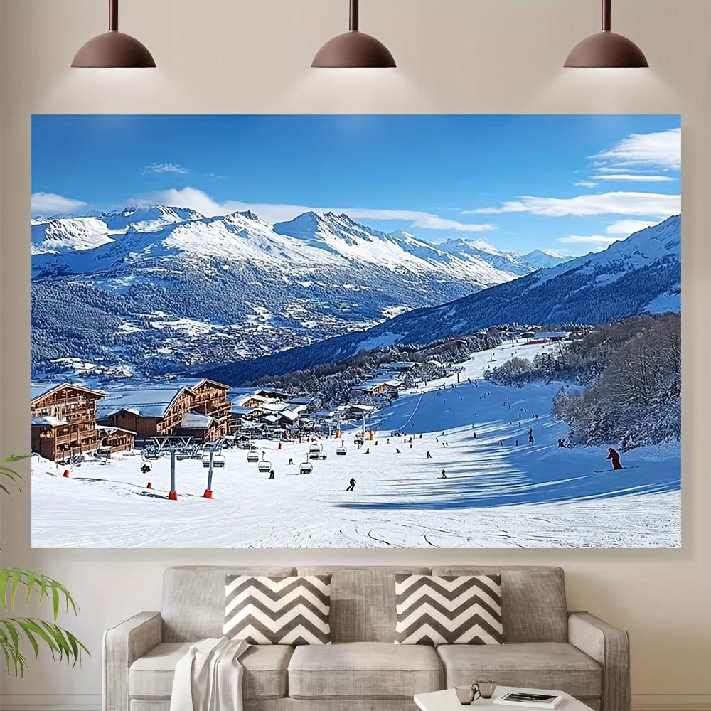 Snowy Mountain Ski Resort Landscape Wall Art Canvas Print for Living Room Winter Scene Home Decor Alpine Village Painting