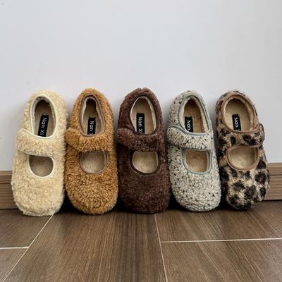 Белые туфли из овечьей шерсти в горошек для женской верхней одежды 2025 зима верхняя одежда новые бархатные туфли Мэри Джейн на плоской подошве из хлопка