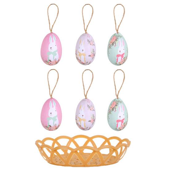 7Pcs/Set Colorful Bunny Painted Plastic Easter Eggs with Basket Hanging Pendant DIY Easter Egg Crafts Home Easter Party Supplies