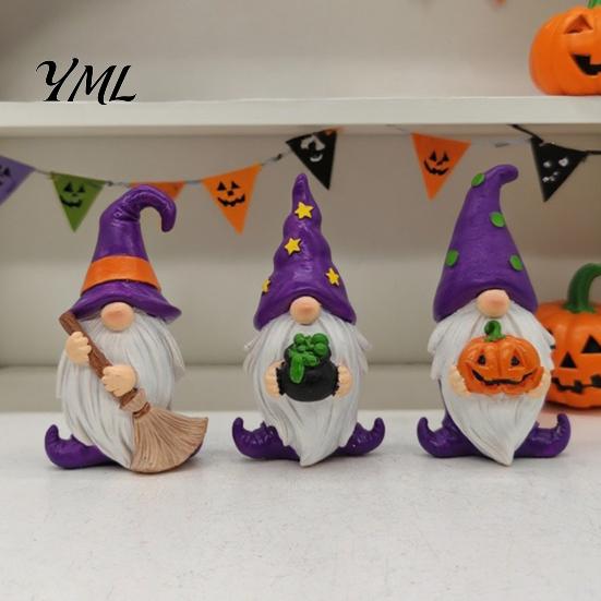 Halloween Souvenirs for Kids Gnome Resin Figurine, Broom Cauldron Pumpkin Dwarf Set Statue Desk Shelf, Spooky Holiday Party Supplies Small Room