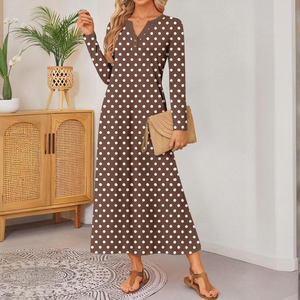 Women Polka Dot Printed Long-sleeved Comfortable Loose Dress, Elegant Dress