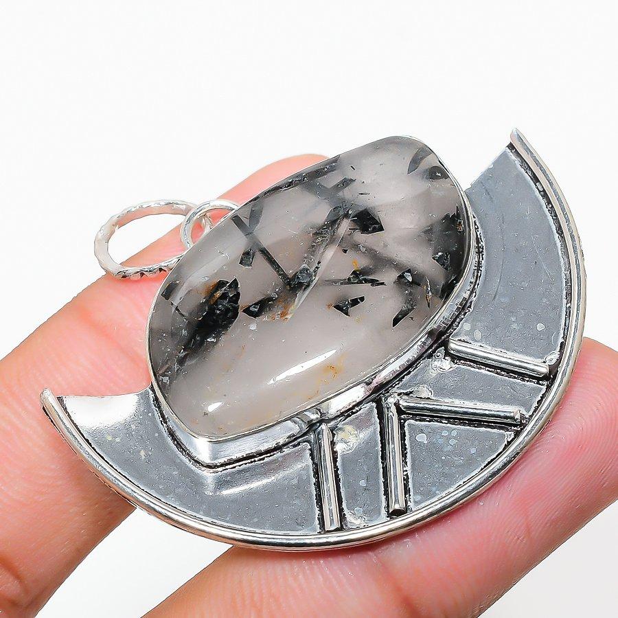 Black Rutile Handmade 925 Sterling Silver Jewelry Pendant 1.77" l2B99