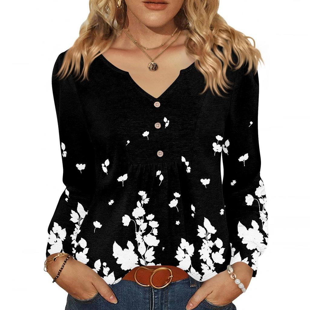 Женская модная повседневная блузка с V-образным вырезом на пуговицах, с длинным рукавом, пуловер, футболка, топ